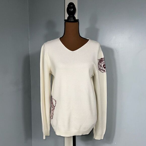CM White Waffle Texture Long Sleeve Pullover Top White with Knit Tigers Women’s - Picture 4 of 10